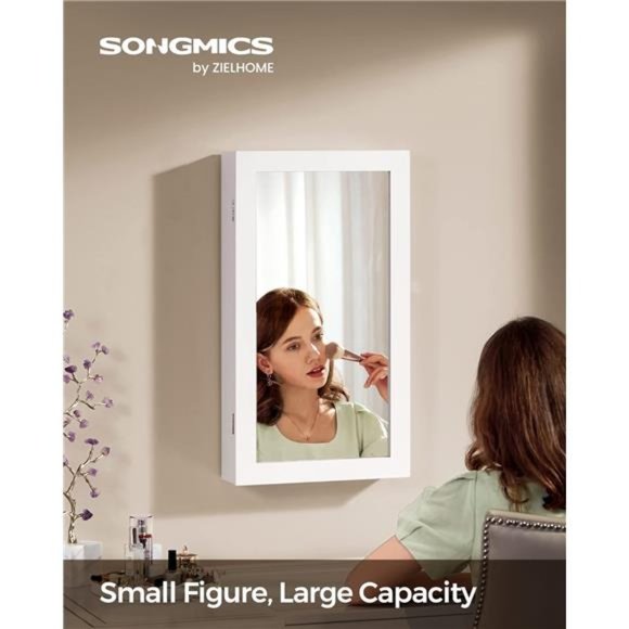 Lockable Jewelry Cabinet with Mirror, Wall-Mounted Space Saving Organizer, White - Picture 4 of 6